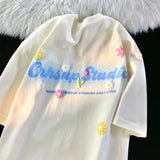 Pink Flower Stars Cartoon T Shirts Lovely Girls Loose Casual Cotton Tops Streetwear Oversized Summer Tee Korean