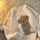 Hop Lamb Fleece Bear Cute Embroidery Oversized Sweater Men Couples O-neck Soft Winter Knitted Pullover Winter Kawaii