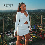 Ribbed Tops And Skirts Sets Autumn Two Pieces Sexy Zipper Full Sleeve White Matching