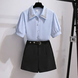 Women 2 Pieces Shorts Sets Summer Sweet Korean Bow Collar Tops And Shorts 2 Pieces Sets Women Clothing Two Pieces Outfits
