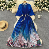Fongt Women's Niche Elegant Dress New Hollow Nail Ball Neck-To-Celing Waist-Print Folding Long Skirt