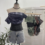 Real Shooting Can Wear Two-Wear Art Dizzy Net Yarn Spliced A Word Shoulder T-Shirt To Repair The Chest Short Babes Top