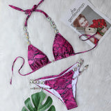 Fongt New Bikini, Sexy Snake Print Crystal Diamond Female Split Swimsuit Beach