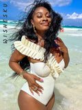 Sexy Ruffles Slant Shoulder Cut Out Bodysuits Women Sleeveless Solid White One Piece Rompers 2022 Summer Beach Holiday