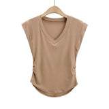 Trend Women's Vest Loose V-Collar Arc Hem Small Flying Sleeves Short Sleeves Solid Color Slim Pullover Pullover-Outfit