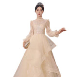 Fongt Dress Light Luxury Niche Banquet Host Graduation Dress 2025 New Champagne Long-Sleeved Art Exam Dress