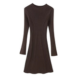 Fongt And Autumn New Women's Temperament Pure Color Familiar Round Collar Knitted Long-Sleeved Dress Slimming