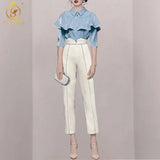 2022 New Fashion Women's Casual Temperament Ruffled Shirt Two-Piece Sets +High Waist Long Pants