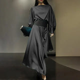 Loose Two Piece Set Womens Round Neck Long Sleeve Tops High Waist Split Midi Skirt Female Fashion Clothes Style