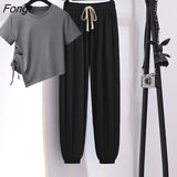 Sports Suit Women's Loose Solid Color Round Neck Short Sleeve T-shirt + High Waist and Wide Leg Pants Two-piece