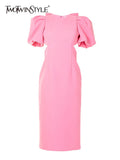 Pink Sexy Dress For Women Round Neck Puff Sleeve Patchwork Bowknot Backless High Waist Midi Dresses Female