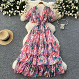 Fongt Vintage Gentle Windy Fragmented Flower Dress Summer New High Waist Thin Spinning Dress