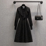 Winter Long Sleeve Knitted Sweater Dress French Vintage Elegant Ruffles Patchwork High Waist A-line