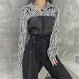 Zebra Print Blouses Leather Patchwork Single Breasted Long Sleeve Shirt Lady Fashion Party Club Outfits Casual Crop