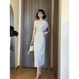 Fongt Waist Temperament Bag Folding Dress Dress Women's Summer Neckline Shoulder-To-Shoulder Temperament
