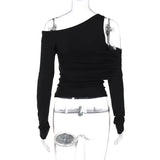 Black Asymmetrical Cut Out Off Shoulder Long Sleeve Top-Outfit