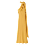 Fongt New Women's Fashion Simple Ribbon Hanging Neck-Laught Long Dress