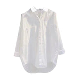 Fongt Cotton Single-Dnecked Collar Long Shirt In Pure Color White Loose Long-Sleeved Shirt For