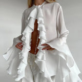 Fongt 2025 New Temperament Elegant Chiffon Design Lotus Side Open Shirt Long-Sleeved Senior Shirt Top