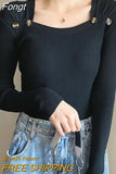 Casual Long Sleeve Top Autumn Winter Knitted Sweater Women Pullover Sweaters Korean Clothes White Slim Button Pull