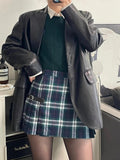 Women With Adjustable One-piece Belt Buckle Plaid Printed Pleated Mini Skirts 2023 Summer Retro Female Chic Bottoms-Outfit