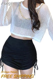 Women Knit Hollow T-shirts Solid Color Loose Irregular Hem Long Sleeve Sexy Mesh Tops Streetwear Transparent Shirt for