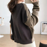 Style Female Irregular Spliced Skew Collar Sweaters Fashion All-match Contrasting Colors Button Loose Knitted Cardigan-Outfit