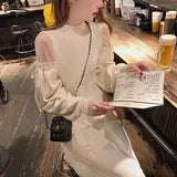 Winter New Half-Collar Mid-Length Knitted Dress Women Solid Sexy Mesh Stitching Off-Shoulder Long Sleeve Bow Dress