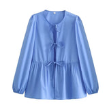New 7-Color Bubble Sleeve Bow Tie Shirt In Spring-Outfit