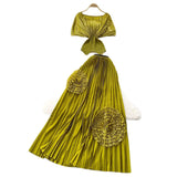 Fongt Folded Two Sets Of Women's Waist Repair Short Sleeve Pressure Folded Blouse Flowers High Waist 100 Folds Skirt