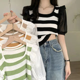 Fongt Bump Striped Short-Sleeved Knitted Shirt Women's Thin Summer Design Sense Of Small Unique Special Loose