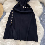 Fongt Temperament Half-High Collar Short-Sleeved Dress Female Design Button-Skinny Open Fork Medium Long Knitting Skirt