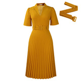 Fongt Women's Summer New Short-Sleeved V-Neck Pressure Folded High-Waist Fashion Temperament Waist African Dress