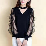 Fashion V-Neck Women's Mesh Long Sleeve T-shirt Spring Autumn All-match Female Clothing Ruffles Spliced Solid Color Tops-Outfit