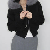 Fongt Spliced Zipper Hooded Jacket Woman 2025 Autumn And Winter Retro Letter Embroidery Short Top