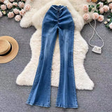 Fongt Girl V Waist Fold Elastic Micro Bell Bottom Pants Female-Outfit