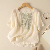 Fongt Cotton T-Shirt Women's Summer Size 2025 New Mother Loose Rib Linen Short-Sleeved T-Shirt
