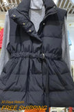 Jacket women 2023 Casual Stand Collar Loose Belt Sleeveless Vest Black Single Breasted Long Parka Overcoat