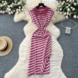 Fongt Chic Summer Dress Niche Retro Polo Collar Short-Sleeved Striped Dress Female Waist Temperament Open Long Dress