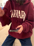 Women Cotton Navy HARVARD Embroidered Hoodies 2023 Fall Vintage Long Sleeves Sweatshirts Female Loose Pullovers-Outfit