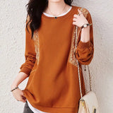Lace Patchwork Pullovers Female Clothing Casual Round Neck Spring Autumn Commute Long Sleeve Korean Loose Sweatshirts-Outfit
