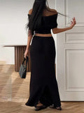 Ribbed Off-Shoulder Top And Maxi Skirt Set-Outfit