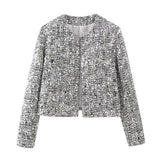 Fongt Women's Clothing Explosion ZA Autumn And Winter New Round Neck Solid Color Sequins With Coarse Flowers And Sequin Suits