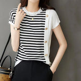 Commuter Fashion Button Striped Patchwork Pullovers Top 2023 Summer New Women Clothing O-Neck Short Sleeve Casual T-shirt-Outfit
