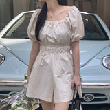 Chic Summer French Retro Square Collar Dew Collarbone Fold Closed Waist Show Thin Bubble Sleeve Wide Leg Jumpsuit Woman-Outfit