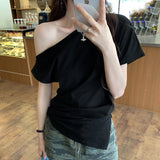 Seam Forked Irregular Shoulder Short-Sleeved T-Shirt Women's New Summer Design Feel Minority Lazy Style Beautiful