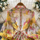 Fongt Style Dress Women High-End Elegant Collar Lantern Sleeve Single Buckle Waist Print Chiffon Long Dress