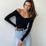 Fongt Spring Autumn New Temperament Fashion V Collar Off-Shoulder Splicing Long Sleeve Slim Joker