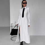 Fongt Women's Wear Early Spring 2024 New Temperament College Wind Lapel Long Sleeve Split Dress Tie Long Skirt-Outfit