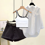 Women Summer Shorts Sets Streetwear Slash Neck Vest+white Sunscreen Blouse+denim Shorts 3 Pieces Set For Women Outfits 2022